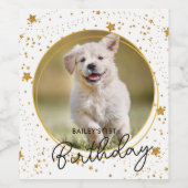 Aangepaste foto Gold Glitter Stars Dog Birthday Wijn Etiket (Enkel label)