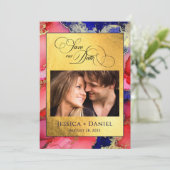 *Aangepaste foto Gold Red Blue Weddenflat Save The Date (Staand voorkant)