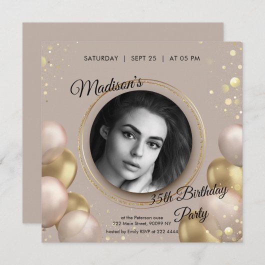 Aangepaste foto Goud & Beige Verjaardag uitnodigin Kaart (Voorkant / Achterkant)