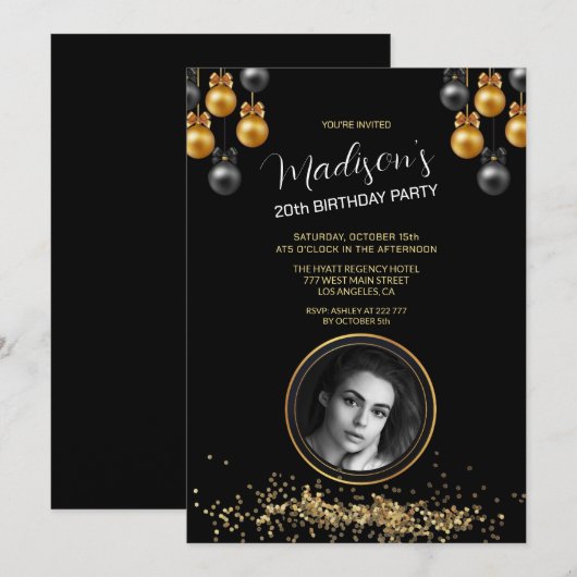 Aangepaste foto Goud & Zwart Verjaardag uitnodigin Kaart (Voorkant / Achterkant)