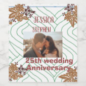 Aangepaste foto, gouden bloemen 25e trouwdag wijn etiket (Enkel label)
