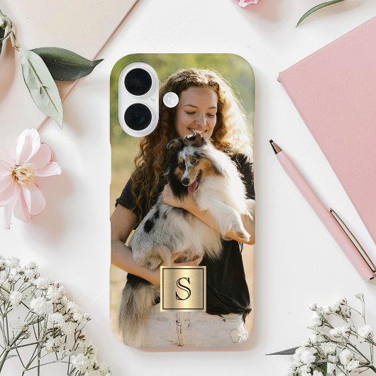 Aangepaste foto gouden frame en zwarte monogram Case-Mate iPhone case