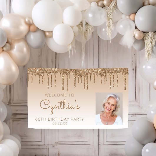 Aangepaste foto gouden glitterslierten 60e verjaar spandoek