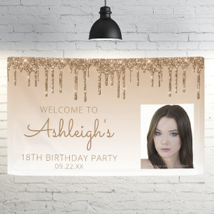 Aangepaste foto gouden glitterspetters 18e verjaar spandoek