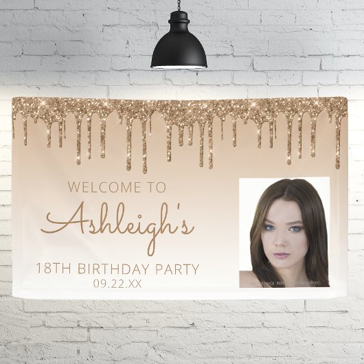 Aangepaste foto gouden glitterspetters 18e verjaar spandoek