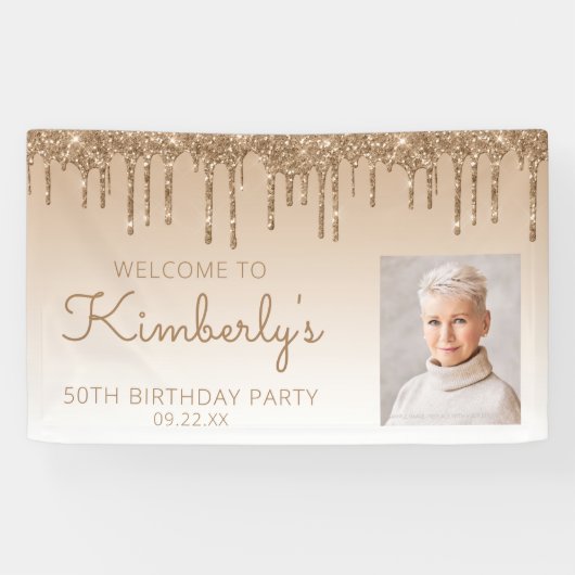 Aangepaste foto gouden glitterspetters 50ste verja spandoek (Horizontaal)