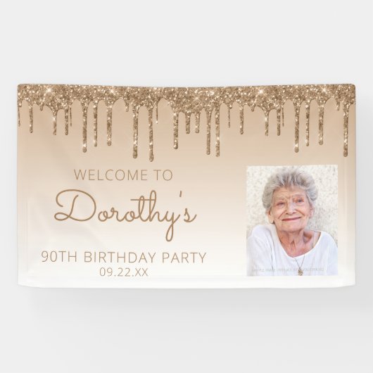 Aangepaste foto gouden glitterspetters 90ste verja spandoek (Horizontaal)