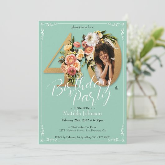 Aangepaste Foto Gouden Munt Bloemen 40ste Verjaard Kaart (Staand voorkant)