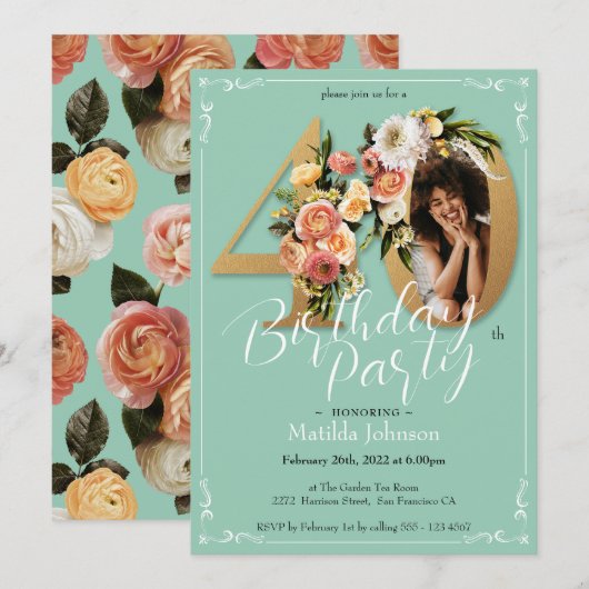 Aangepaste Foto Gouden Munt Bloemen 40ste Verjaard Kaart (Voorkant / Achterkant)