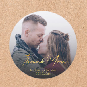 Aangepaste foto gouden script trouw bedankt ronde sticker