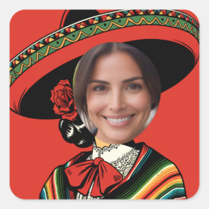 Aangepaste Foto Grappig Sombrero Sarape Fiesta Par Vierkante Sticker