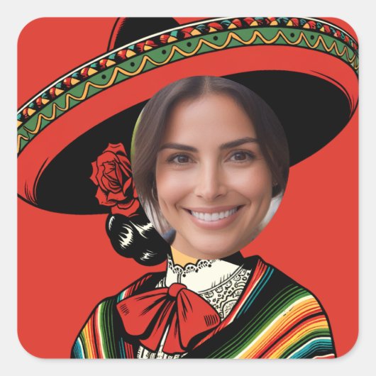 Aangepaste Foto Grappig Sombrero Sarape Fiesta Par Vierkante Sticker (Voorkant)