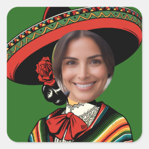 Aangepaste Foto Grappig Sombrero Sarape Fiesta Par Vierkante Sticker