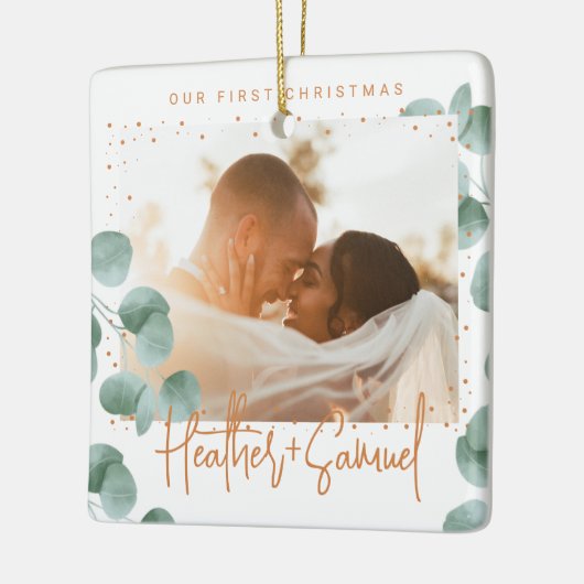 Aangepaste Foto Greenery Vrolijk en Getrouwd Foto Keramisch Ornament (Links)