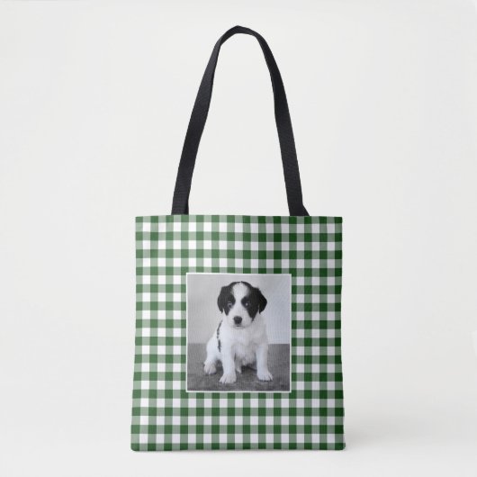 Aangepaste Foto Groen Wit Gingham Check Patroon Tote Bag (Voorkant)