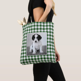 Aangepaste Foto Groen Wit Gingham Check Patroon Tote Bag