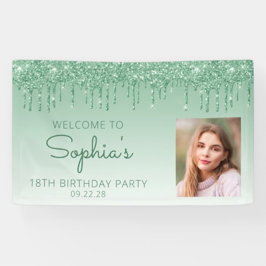 Aangepaste Foto Groene Glitter Drip 18e verjaardag Spandoek (Horizontaal)
