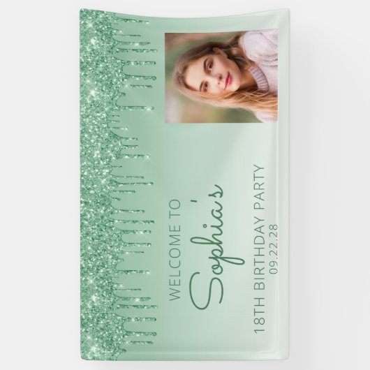 Aangepaste Foto Groene Glitter Drip 18e verjaardag Spandoek (Verticaal)