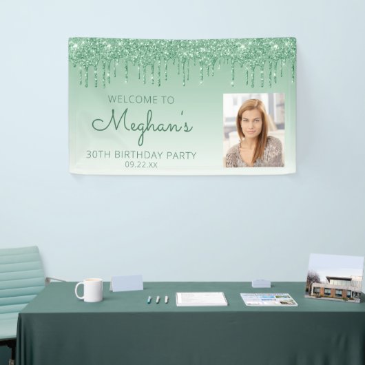 Aangepaste foto groene glitter Drip 30th Birthday Spandoek (Beurs)