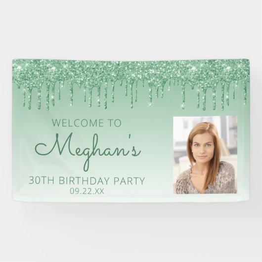 Aangepaste foto groene glitter Drip 30th Birthday Spandoek (Horizontaal)