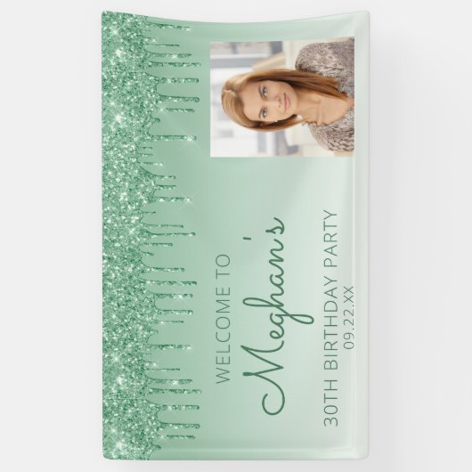 Aangepaste foto groene glitter Drip 30th Birthday Spandoek (Verticaal)
