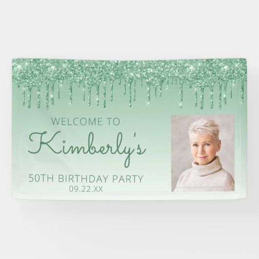 Aangepaste foto groene glitter Drip 50th Birthday Spandoek (Horizontaal)