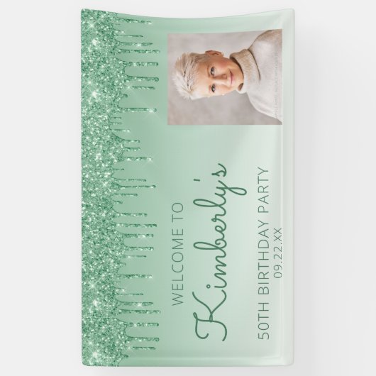 Aangepaste foto groene glitter Drip 50th Birthday Spandoek (Verticaal)