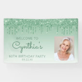 Aangepaste foto groene glitter Drip 60th Birthday Spandoek (Horizontaal)