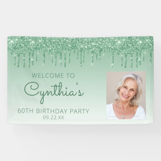 Aangepaste foto groene glitter Drip 60th Birthday Spandoek (Horizontaal)