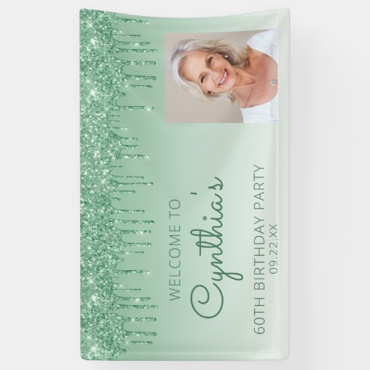 Aangepaste foto groene glitter Drip 60th Birthday Spandoek (Verticaal)