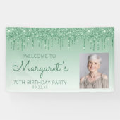Aangepaste foto groene glitter Drip 70th Birthday Spandoek (Horizontaal)