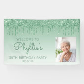 Aangepaste foto groene glitter Drip 80th Birthday Spandoek (Horizontaal)
