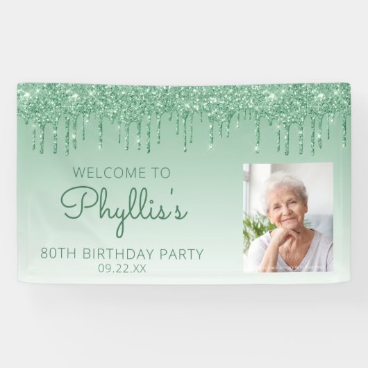 Aangepaste foto groene glitter Drip 80th Birthday Spandoek (Horizontaal)