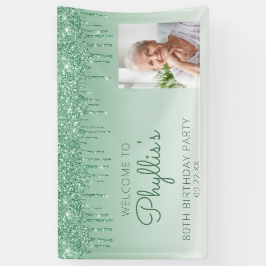 Aangepaste foto groene glitter Drip 80th Birthday Spandoek (Verticaal)