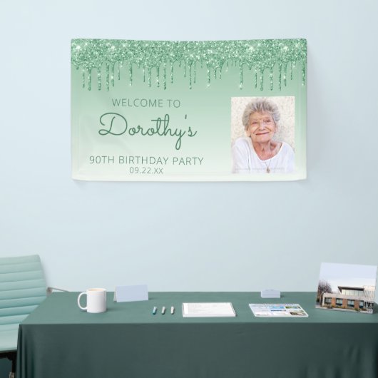 Aangepaste foto groene glitter Drip 90th Birthday Spandoek (Beurs)