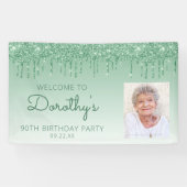 Aangepaste foto groene glitter Drip 90th Birthday Spandoek (Horizontaal)