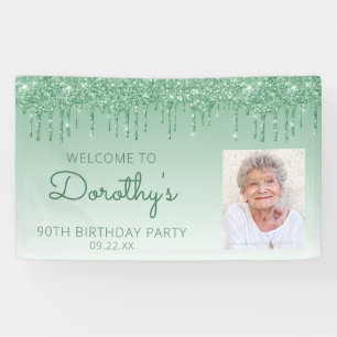 Aangepaste foto groene glitter Drip 90th Birthday Spandoek