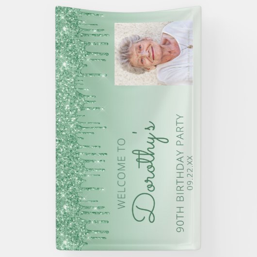 Aangepaste foto groene glitter Drip 90th Birthday Spandoek (Verticaal)