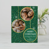 Aangepaste Foto Groene Glitter Vrolijke Kerstmis Folie Feestdagenkaart (Staand Voorkant)