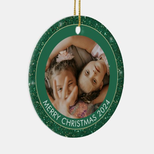Aangepaste Foto Groene Glitter Vrolijke Kerstmis Keramisch Ornament (Rechts)