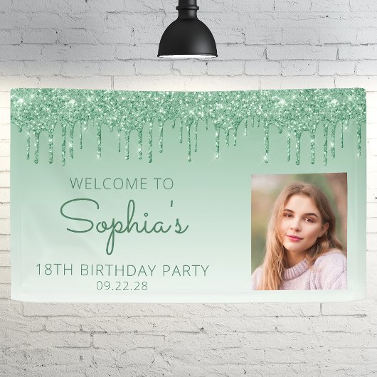 Aangepaste foto groene glittersluier 18e verjaarda spandoek