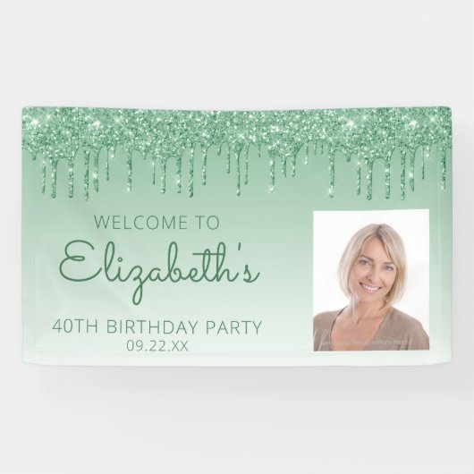 Aangepaste foto groene glittersluier 40e verjaarda spandoek (Horizontaal)