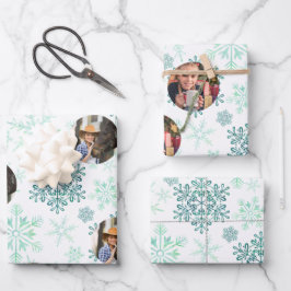 Aangepaste foto groene sneeuwvlokken, set van 3 inpakpapier vel
