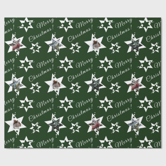 Aangepaste foto groene witte sterren vrolijk kerst cadeaupapier (Vlak)