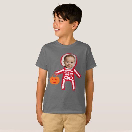 Aangepaste foto Halloween skelet trick or treat T-shirt (Voorkant volledig)