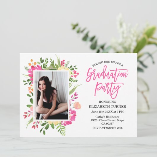 Aangepaste foto Hand Lettered Afstuderen Floral Kaart (Staand voorkant)