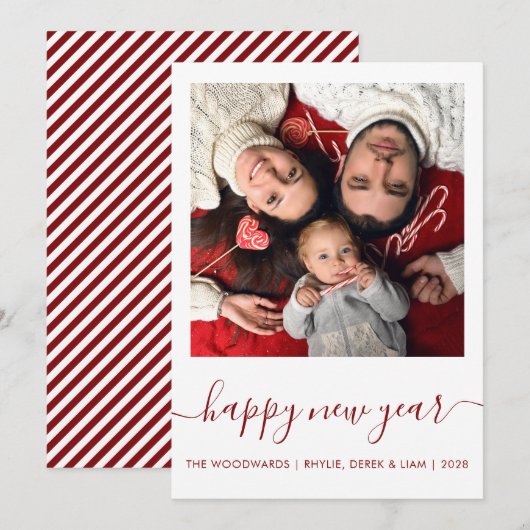 Aangepaste foto Happy Nieuwjaar Dark Red Script Ho Feestdagenkaart (Voorkant / Achterkant)