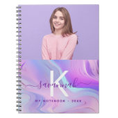 Aangepaste foto holografisch roze paarse monogram notitieboek (Voorkant)