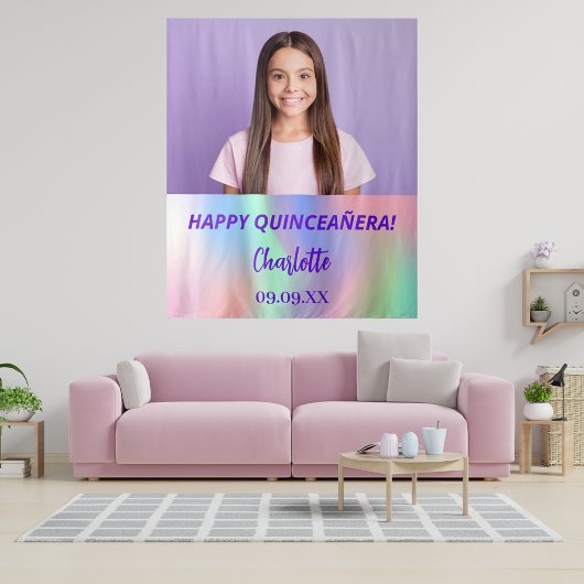 Aangepaste foto holografische Quinceanera feest we Wandkleed