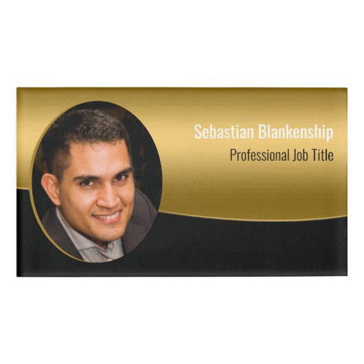 Aangepaste foto Horizontale Black Gold Naambadge (Voorkant)